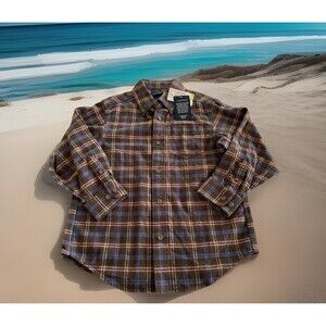 Lands' End Flannel Button Down Shirt Dk Olive Green Plaid Boys M (5-6)
